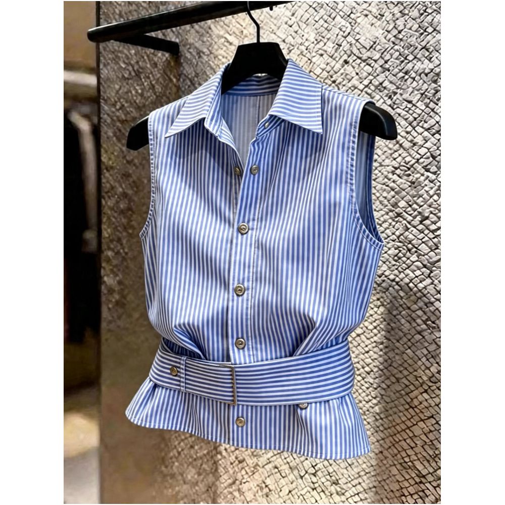 Summer 2026 New Fashionable Casual Super Beautiful High End Design Loose Blue Striped Sleeveless Shirt image 4