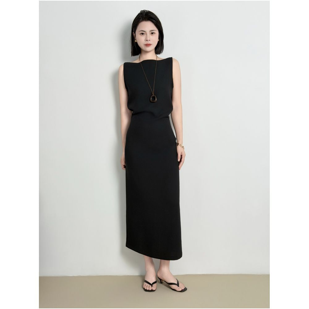 French Hepburn style black imported triacetate hollow design off shoulder slit long dress for a slimming and elegant look image 4