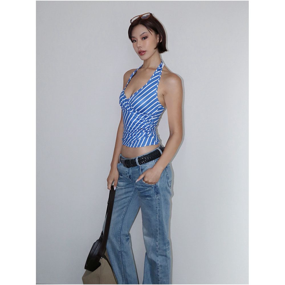 VanessaLab Resort Blue Striped Deep V Neck Halter Neck Backless Slim Fit Tank Top for Women image 0