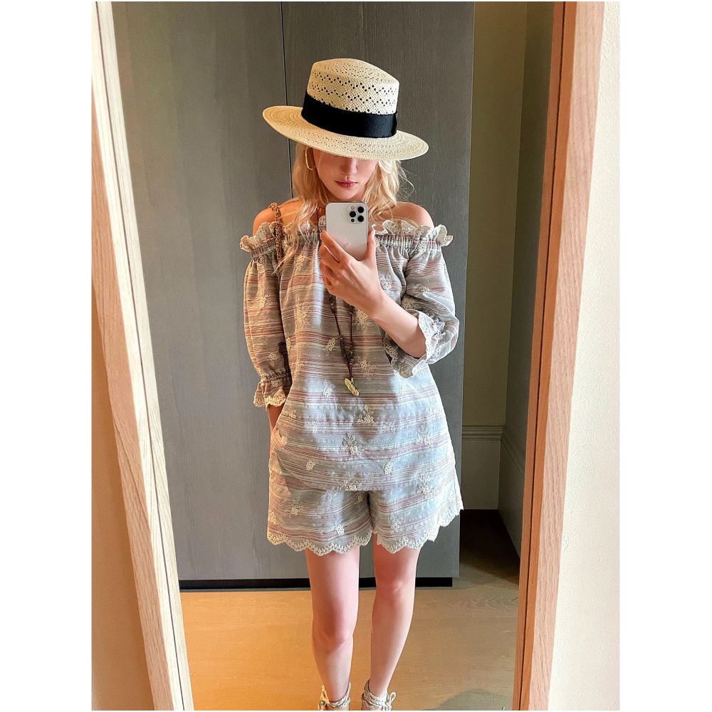 AZHU Natural Cotton Soft Embroidery Off Shoulder Shirt Set Summer Short Sleeve Shorts Two Piece Set image 1