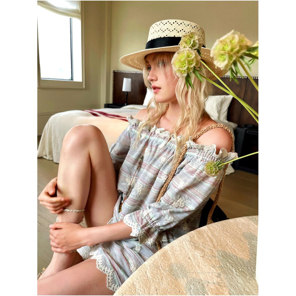AZHU Natural Cotton Soft Embroidery Off Shoulder Shirt Set Summer Short Sleeve Shorts Two Piece Set image 2