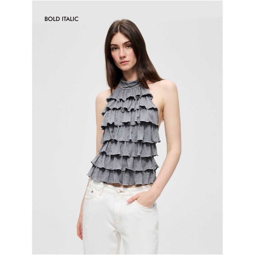 BOLD ITALIC Cake Style Halter Neck Backless Tank Top for Women Sleeveless Lace Up image 4