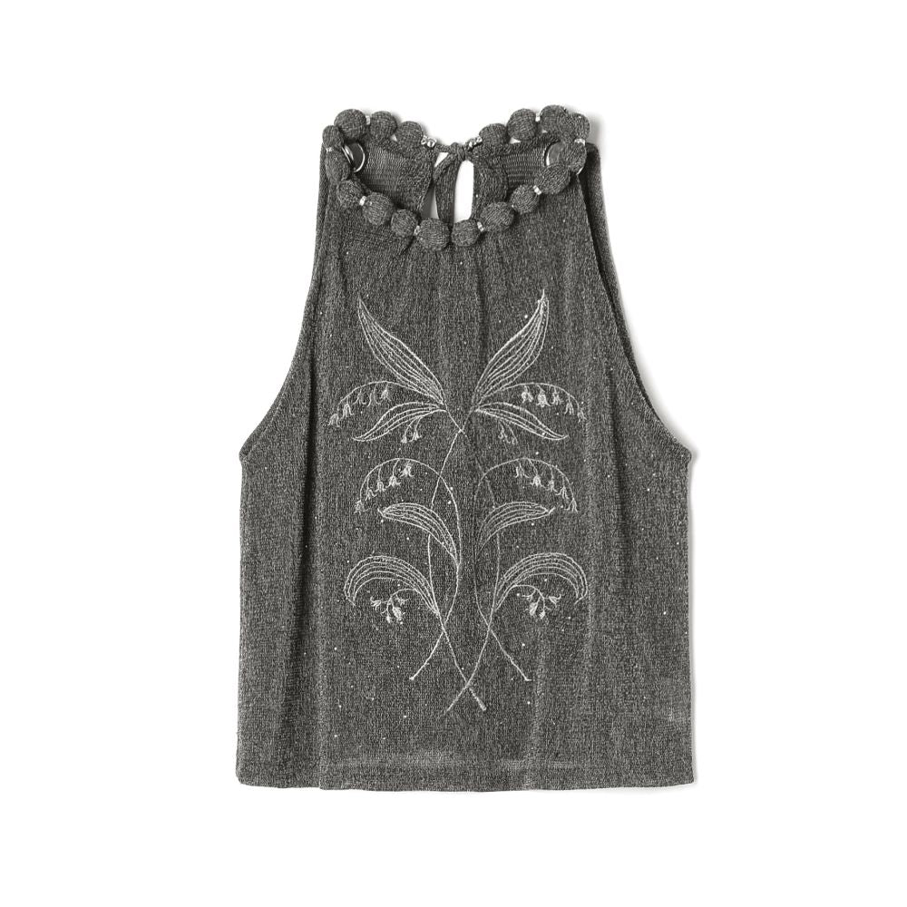 ASAYA7716 – Midnight Lily Embroidered Halter Top 🩶✨