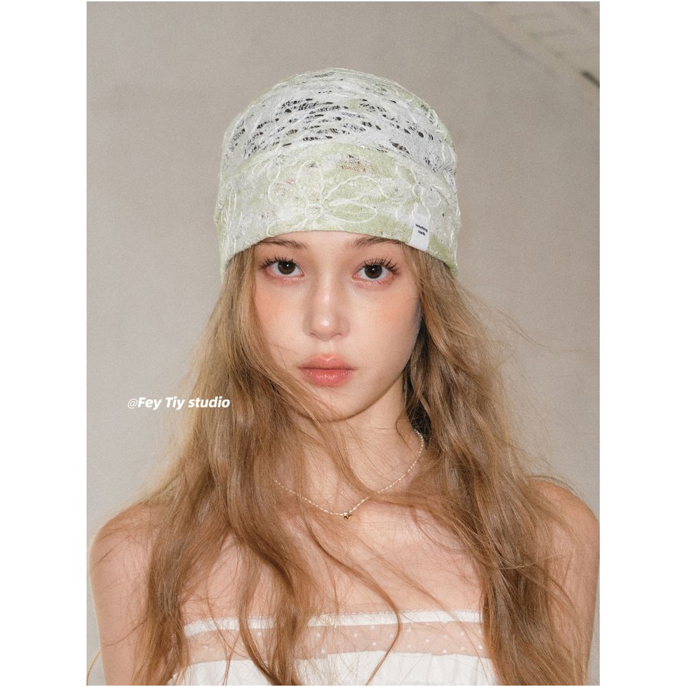 feytiy Green Grape Lace Niche Design Headband Hat Stylish Versatile Breathable Thin Summer Beanie image 0