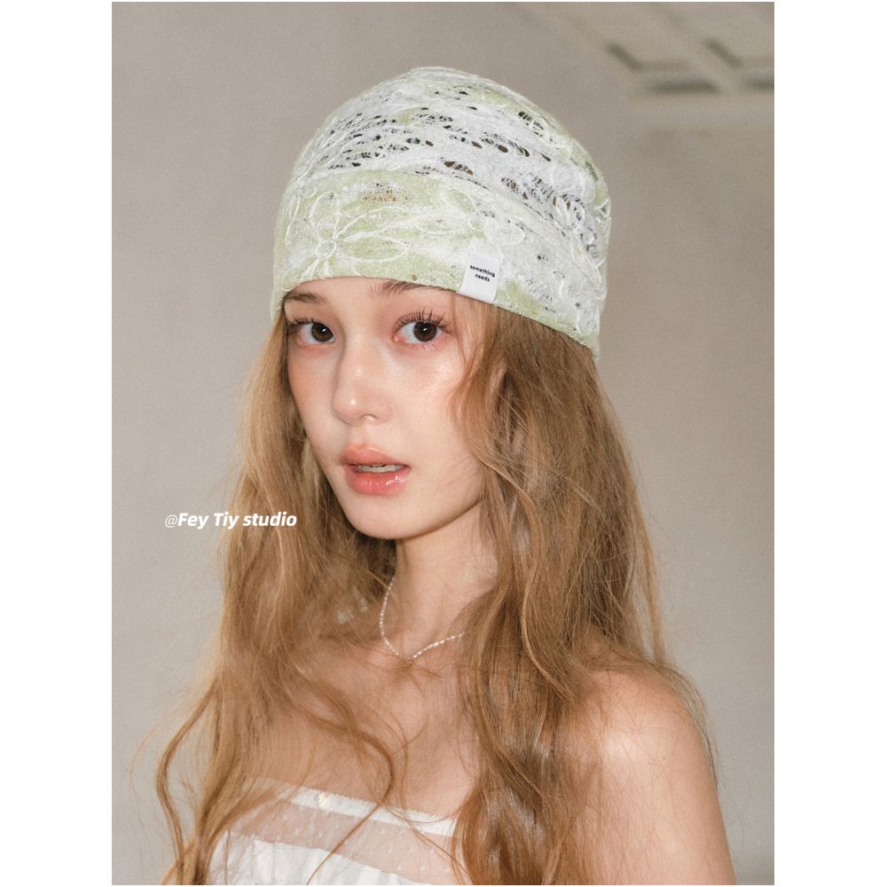 feytiy Green Grape Lace Niche Design Headband Hat Stylish Versatile Breathable Thin Summer Beanie image 4