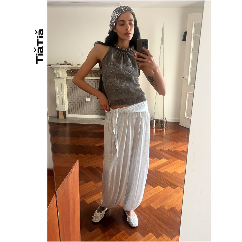 TiaTia 2026 Spring Summer New Arrival Airy Relaxed Gray Navy Blue Stretch Lantern Pants image 1
