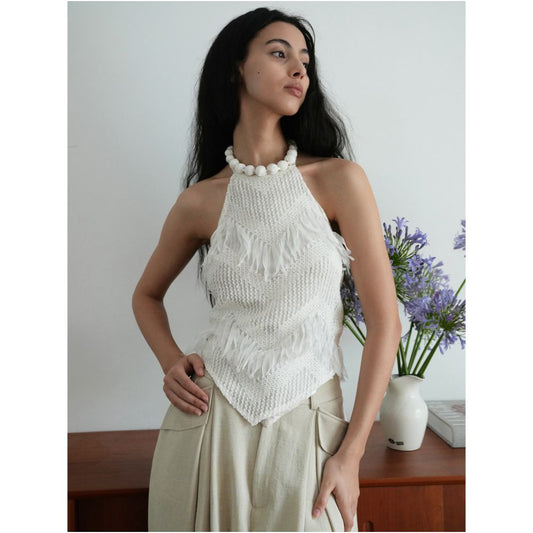 ASAYA7734 – Ivory Fringe Halter Top 🤍✨