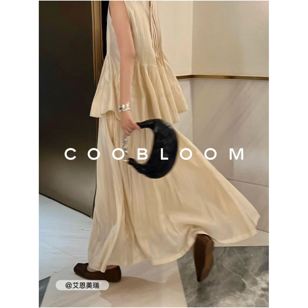 COOBLOOM Women s Midi Skirt 2026 New Set Irregular Pleated Round Neck Vest Top Skirt for Summer image 1
