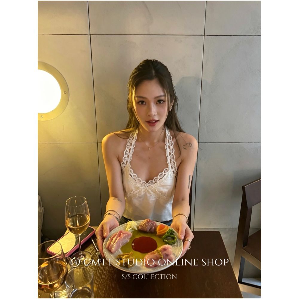 Currently available Nana s style niche French style relaxed halter neck top with delicate lace trim flattering the shoulders and neck perfect for a vacation image 0