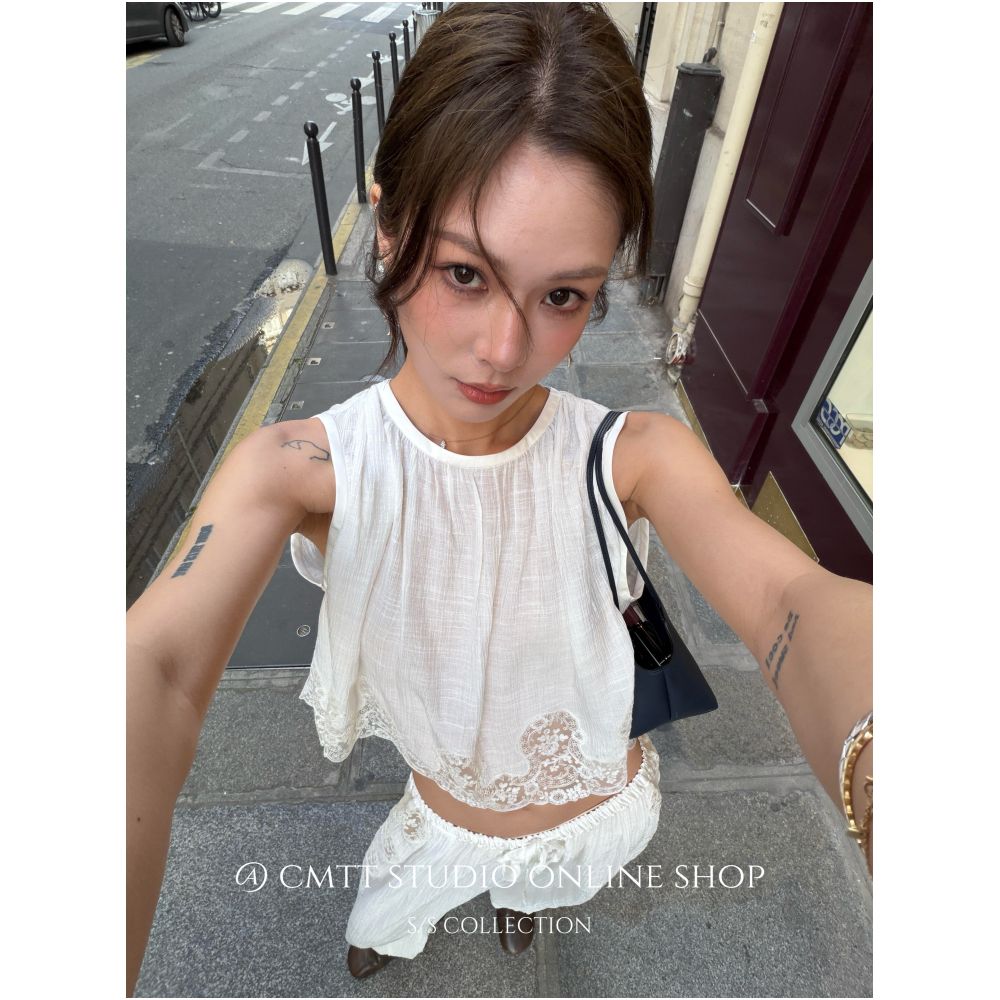 Currently available Nana s style niche French sleeveless lace textured round neck vest jogger pants set image 0