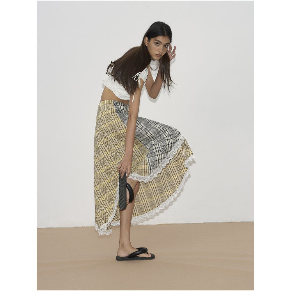 Furifuri French style pleated textured plaid patchwork lace midi skirt image 0