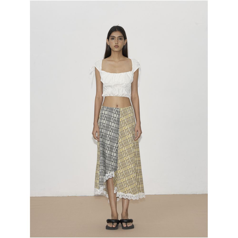 Furifuri French style pleated textured plaid patchwork lace midi skirt image 1
