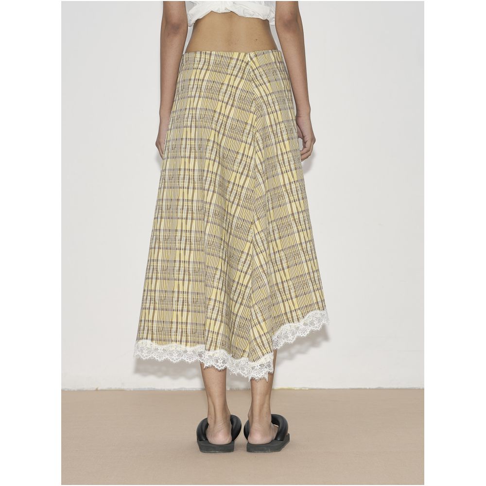 Furifuri French style pleated textured plaid patchwork lace midi skirt image 2