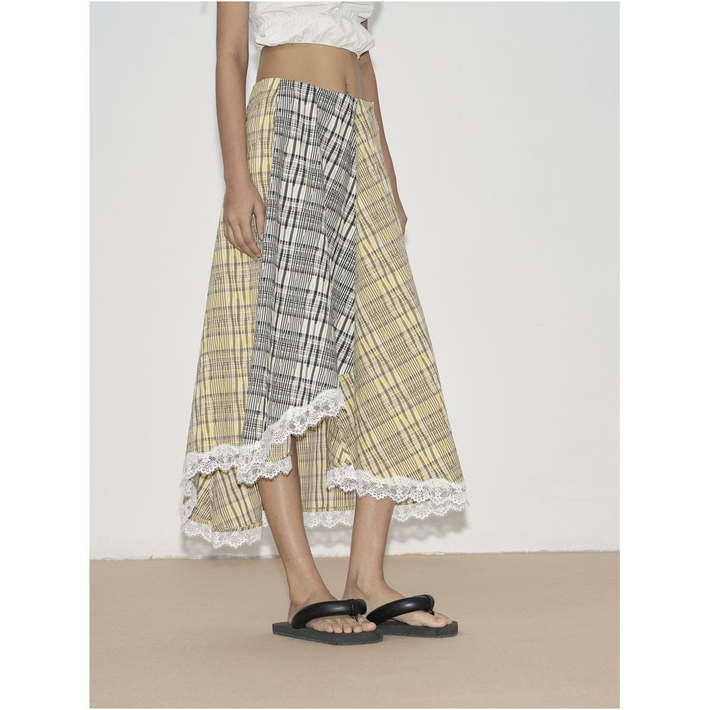 Furifuri French style pleated textured plaid patchwork lace midi skirt image 3
