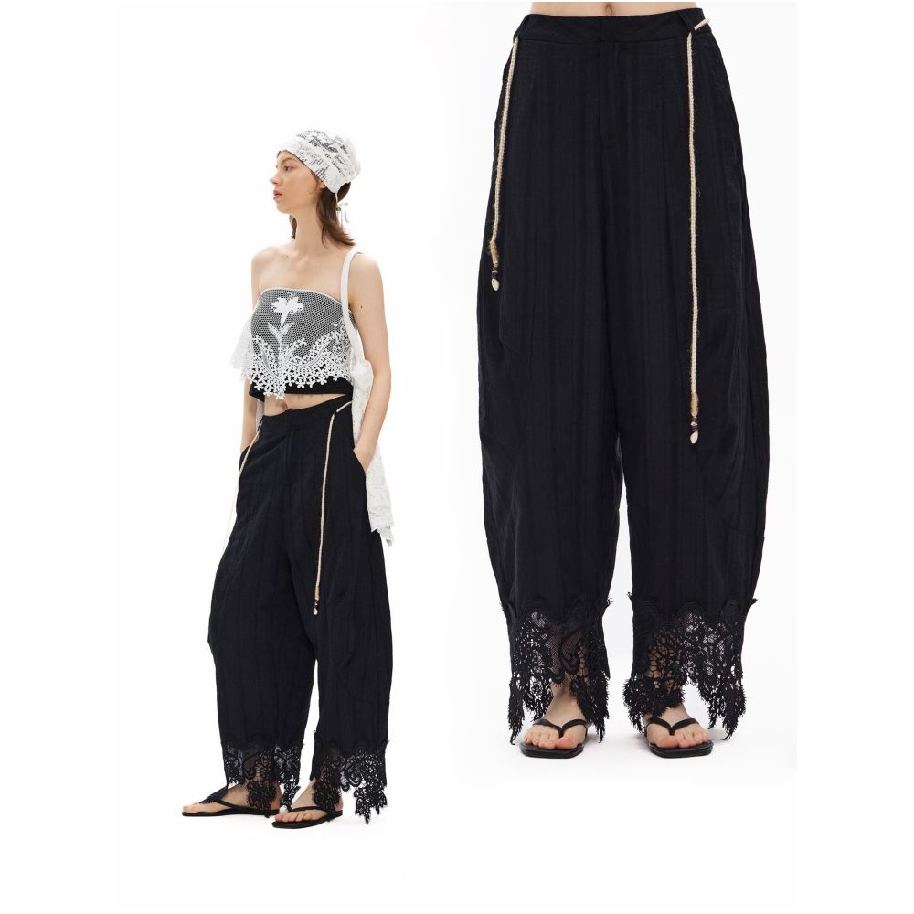 Furifuri Water Soluble Milk Silk Eyelash Lace Jacquard Curved Paratrooper Wide Leg Pants Off Shoulder Set image 0