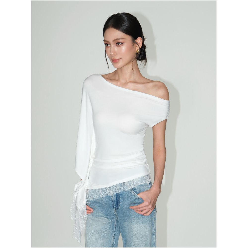 NEVA HU Muse s Notebook Lyocell Irregular Off Shoulder T Shirt for Women Stylish Lace Trim Top image 0