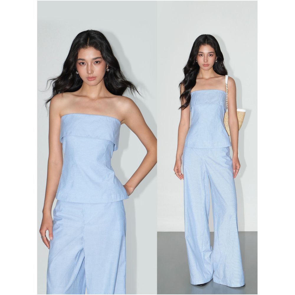 NEVA HU Stylish and Sheer Off Shoulder Strapless Top Vest Women s Straight Leg Striped Casual Pants Set image 0