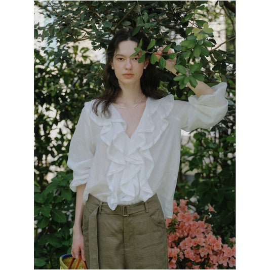 ASAYA7792 – Ivory Ruffle Ramie Blouse 🤍🌿