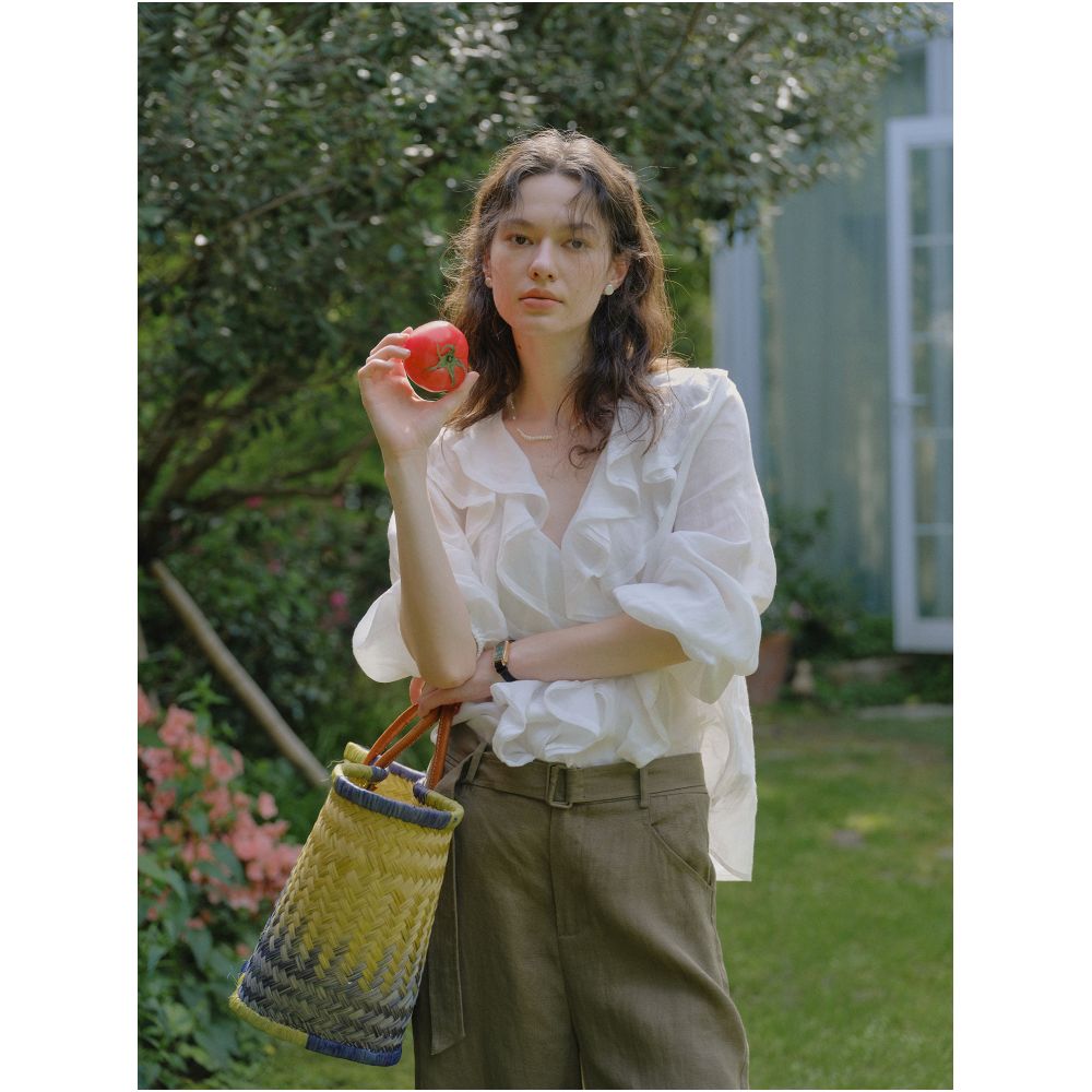 Clean Sense 100 Ramie V neck Ruffle Layered Sun Protection Shirt Linen V neck Lace Blouse image 1