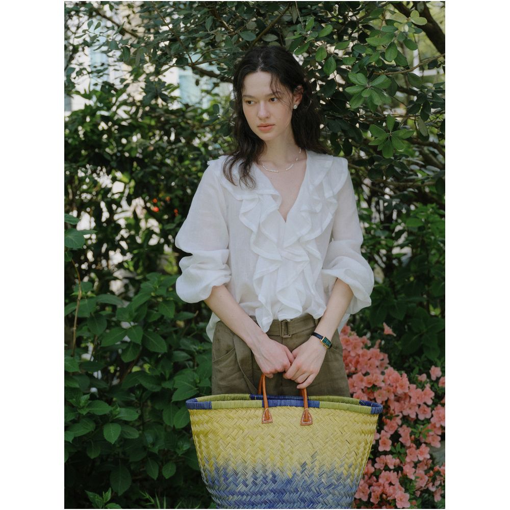 Clean Sense 100 Ramie V neck Ruffle Layered Sun Protection Shirt Linen V neck Lace Blouse image 2