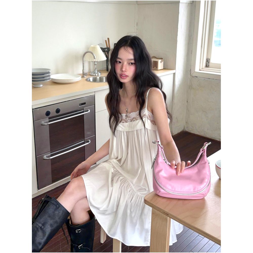 Turn up Chen Tuier Light colored Freesia Korean Style Loose Lace Suspender Dress Versatile Mid length Dress image 0