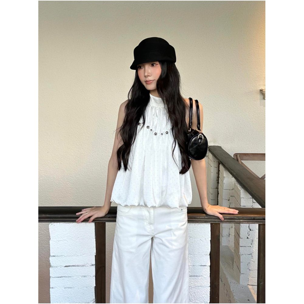 Turn up Chen Tuier Moon s Fleeting Glitter Metallic Beaded Sweatshirt Sleeveless Halter Neck Flower Bud Top image 1
