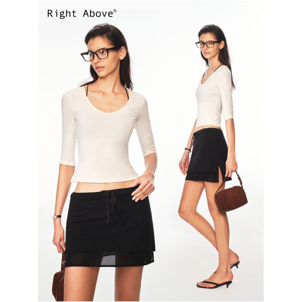 Right Above High Waisted Elegant Midi Skirt Lightweight Double Layer Lyocell Cotton Drawstring Side Slit Mini Skirt image 1