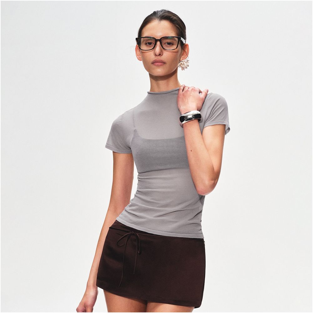 ASAYA7809 – Sheer Whisper Mock-Neck Tee 🖤🩶