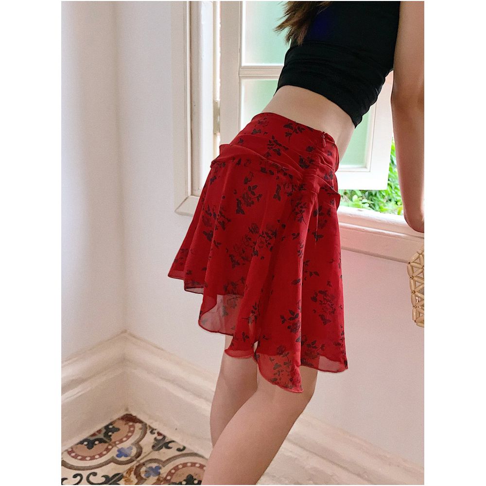 Lily Rose Wild Rose Red Retro Print Midi Skirt High Waisted Slimming A Line Mini Skirt Versatile Skirt image 3