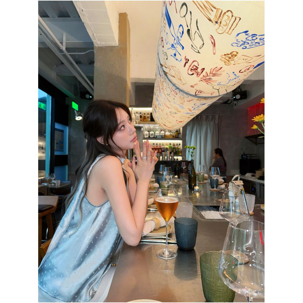 DailyDash Sea Salt Boba Exquisite Flow Satin Polka Dot Lace Camisole with Flowy Ribbon Halter Neck Top image 2