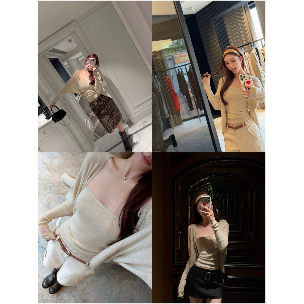 DailyDash s Row Style Aesthetics Minimalist Chic Black Oatmeal Knit Bandeau Top Outerwear Set image 2