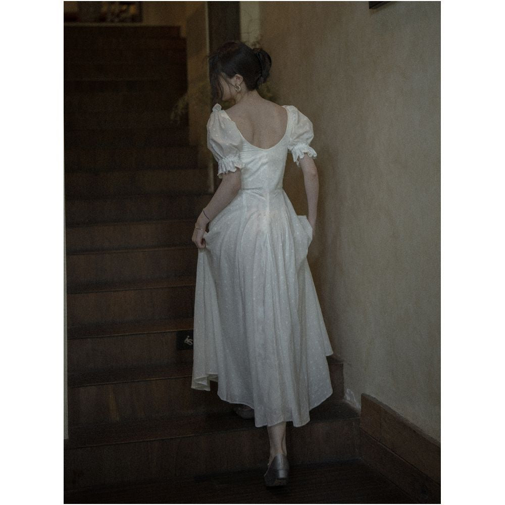 Texture Si custom designed French style elegant puff sleeved waist cinching slimming herringbone embroidered dress image 1