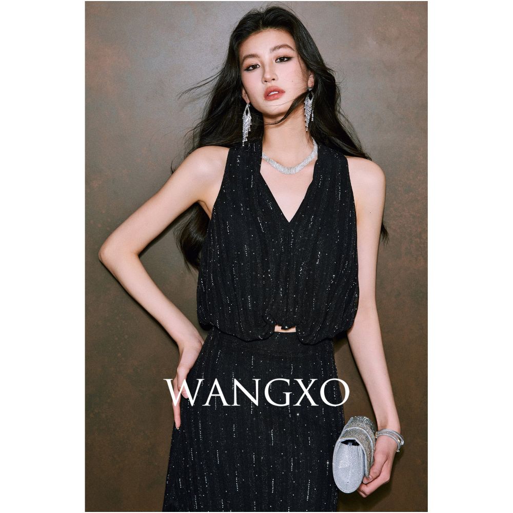 WANGXO Sparkling rhinestone floral knit top V neck vest top high waisted A line skirt image 1