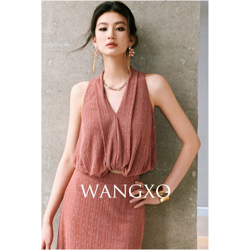 WANGXO Sparkling rhinestone floral knit top V neck vest top high waisted A line skirt image 3