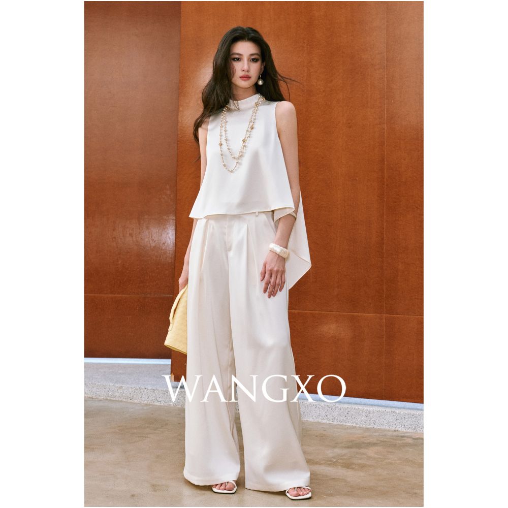 WANGXO High density twill satin with a silky sheen A line sleeveless top slimming pleated wide leg pants image 1