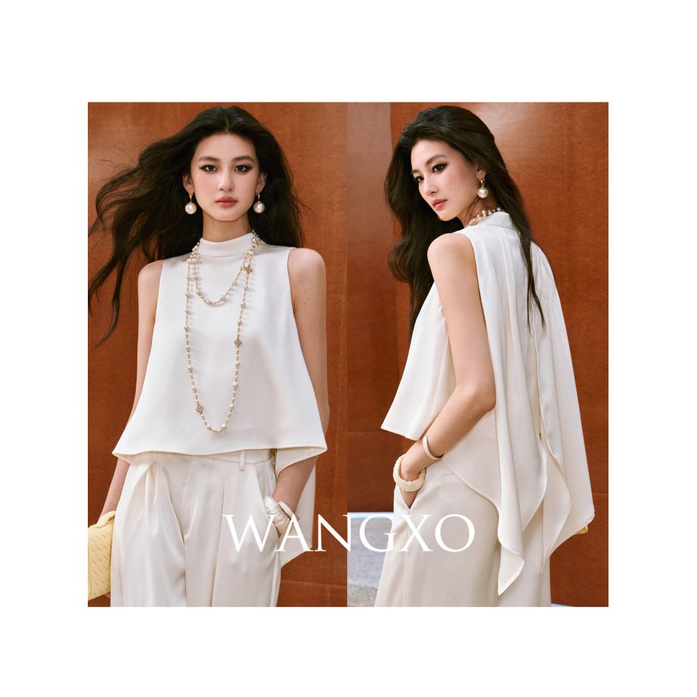 WANGXO High density twill satin with a silky sheen A line sleeveless top slimming pleated wide leg pants image 2