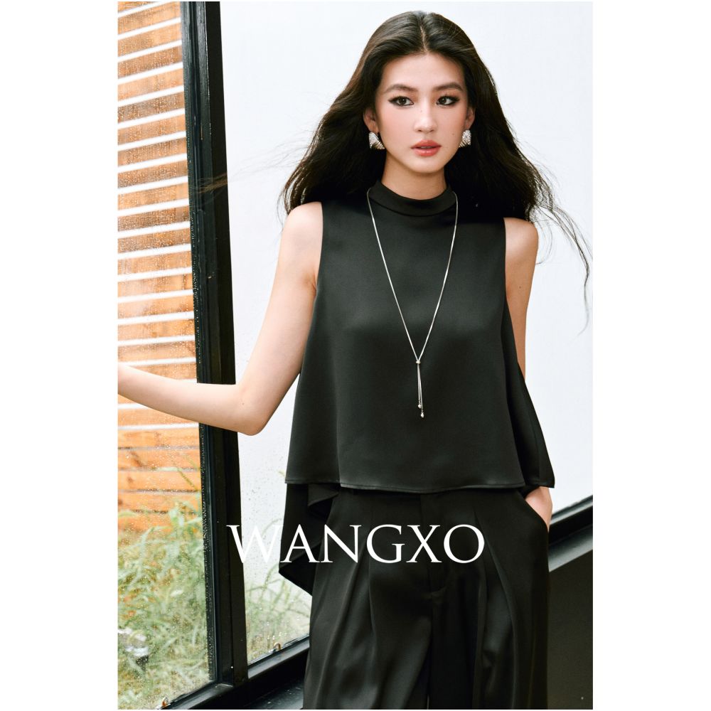 WANGXO High density twill satin with a silky sheen A line sleeveless top slimming pleated wide leg pants image 3