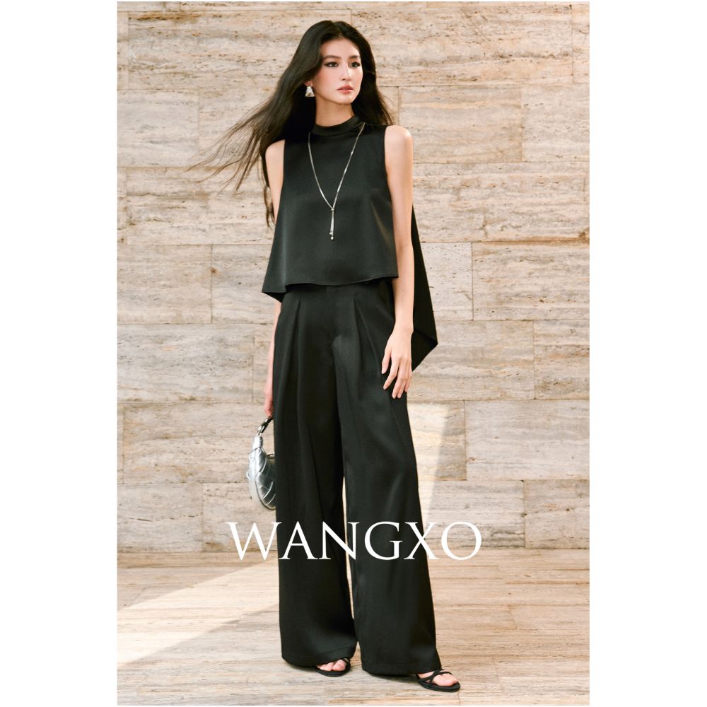 WANGXO High density twill satin with a silky sheen A line sleeveless top slimming pleated wide leg pants image 4