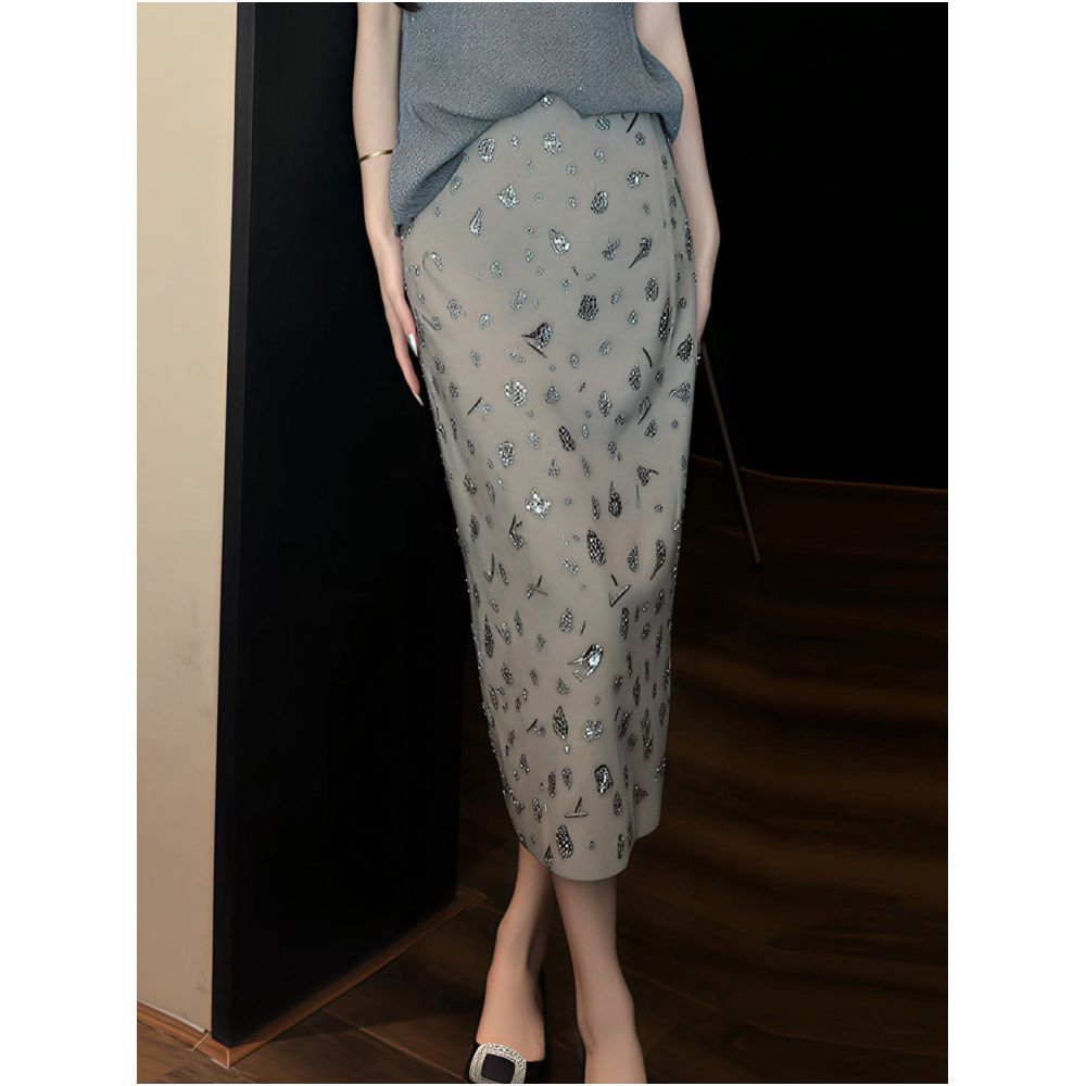 2026 Summer New Arrival Heavy Duty Rhinestone Design Midi Skirt for Women French Elegance and Refined Heiress Style Straight Midi Skirt image 0
