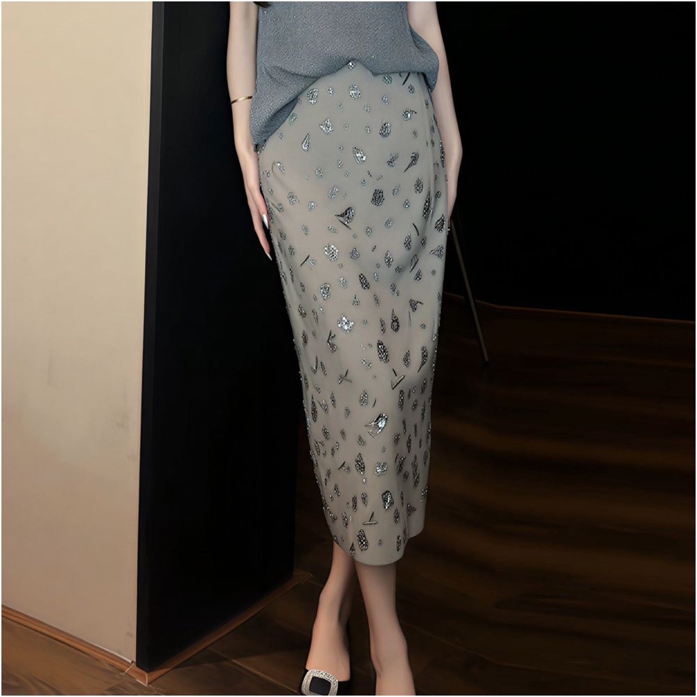 ASAYA7871 – Celestial Sparkle Midi Skirt ✨🩶