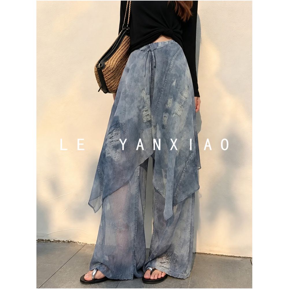 French style blue flared casual pants for women autumn 2026 high waisted super flattering thin and cool ice silk pants image 0