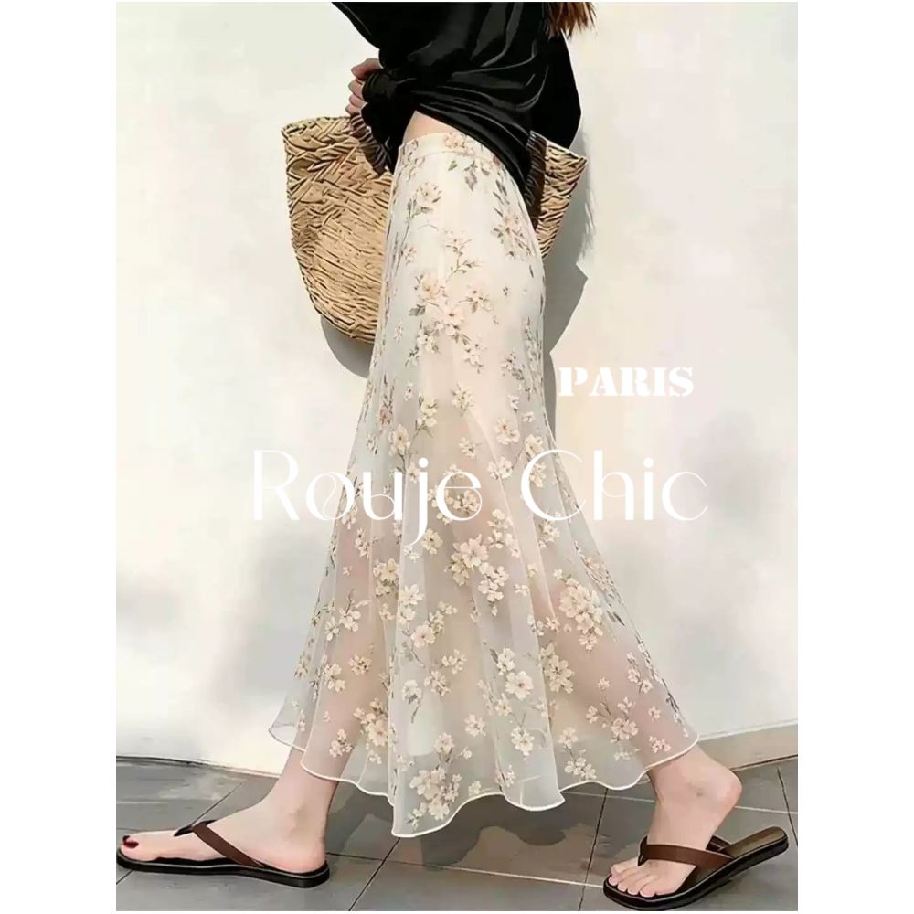 Rouje Chi French style floral chiffon breathable midi skirt for women perfect for summer and versatile image 0