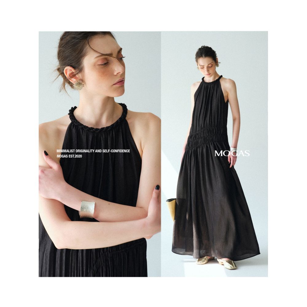 In stock Mogas blogger s same style heavy duty pearlescent acetate pleated hand woven halter neck sleeveless dress image 1