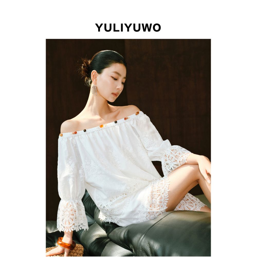 With Me Perfect Holiday Summer New Hollow out Embroidered Off the Shoulder Shirt and Shorts Set for Women image 0