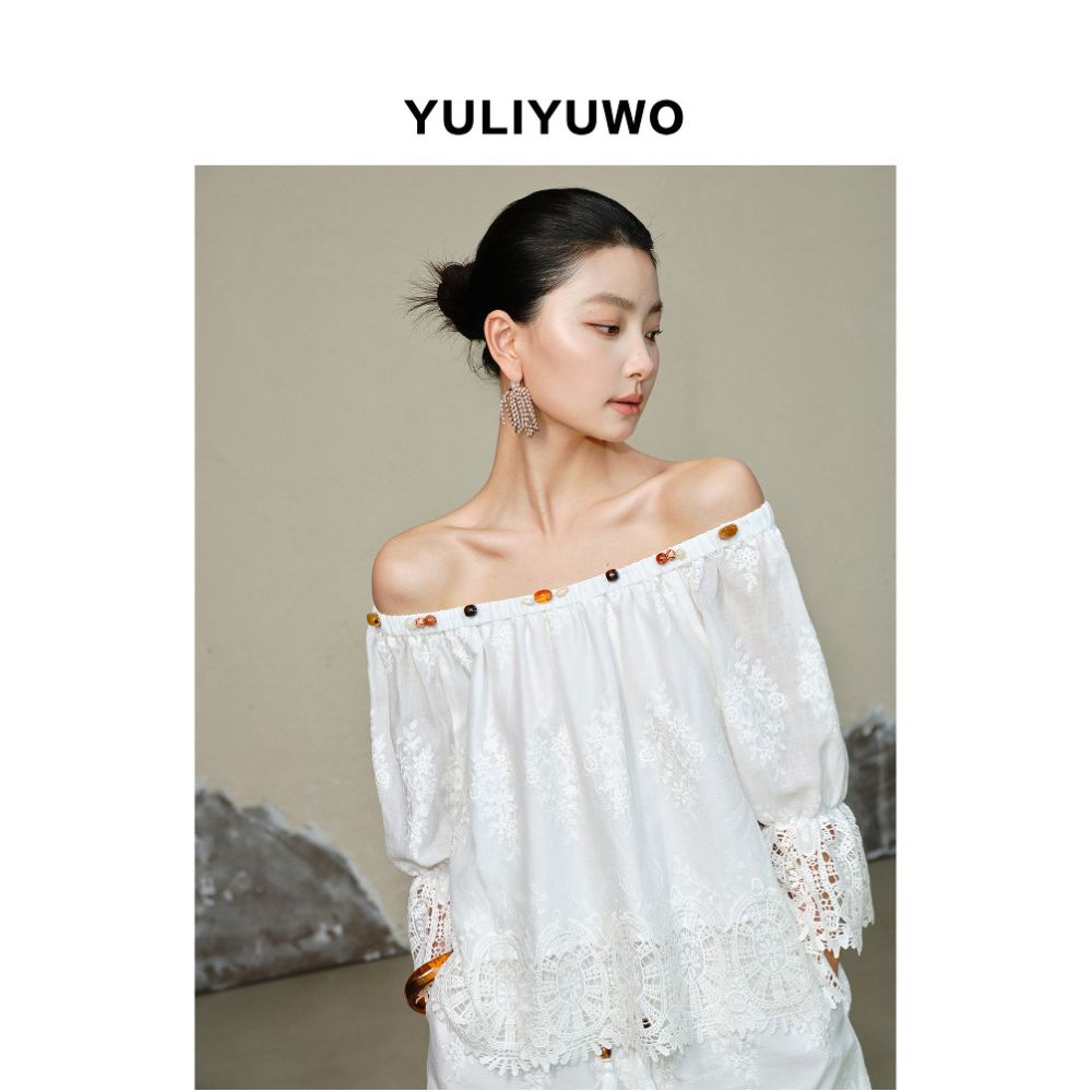 With Me Perfect Holiday Summer New Hollow out Embroidered Off the Shoulder Shirt and Shorts Set for Women image 2