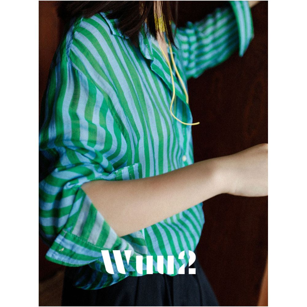 Wuu2 Cannes Green Striped Shirt Exquisite Retro Style Loose Tencel Top image 1