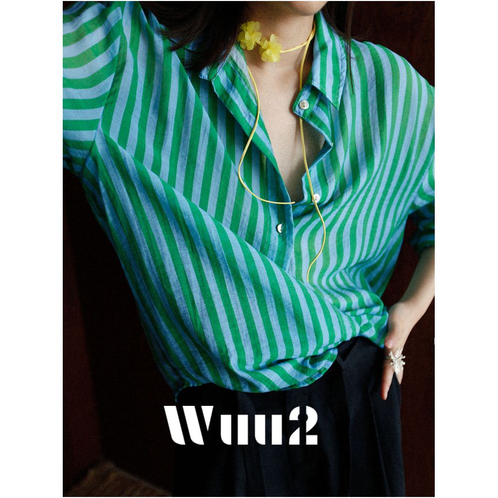 Wuu2 Cannes Green Striped Shirt Exquisite Retro Style Loose Tencel Top image 2