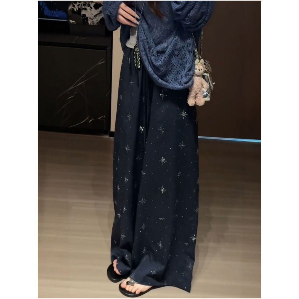 Navy blue Lyocell Tencel rhinestone embellished wide leg tulle pants plus size super stylish and versatile women s autumn casual pants image 1