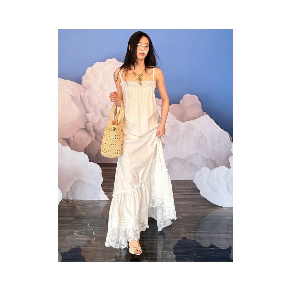 Erosi Resort Style Lace Trimmed Pleated Loose Fitting Slip Dress Summer French Chic Luxury Slimming A Line Dress Long image 0