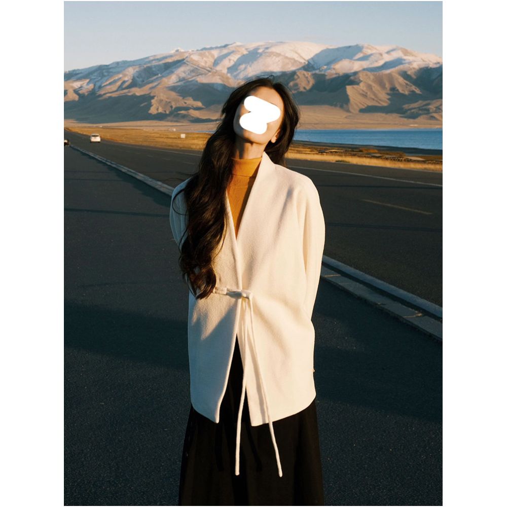 Drawdream New Chinese Style Chic V Neck Long Sleeved Coat for Women Autumn Winter High End Loose Wool Coat image 0